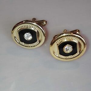 Vintage Black Enamel and Rhinestone Gold Tone Cuff Links